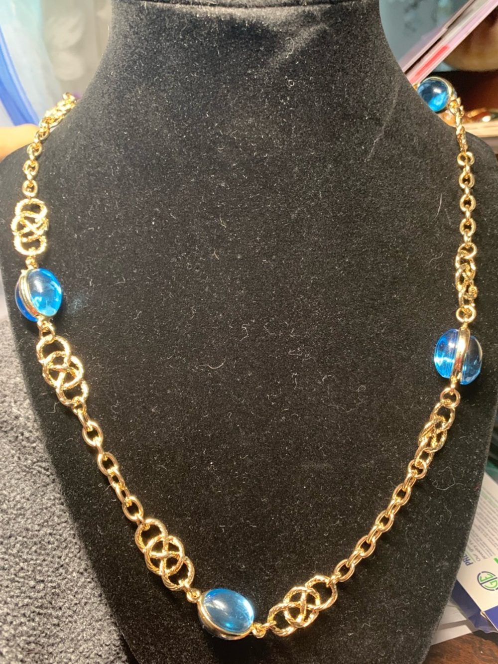 Gold-Tone Chain Necklace with Blue Glass Cabochons - Women Jewelry